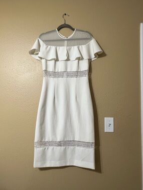 Nicole Miller Cream Off-Shoulder Midi Dress with Lace Insets